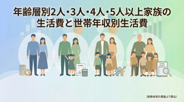 年齢層別2人・3人・4人・5人以上家族の生活費と世帯年収別生活費（総務省家計調査より）