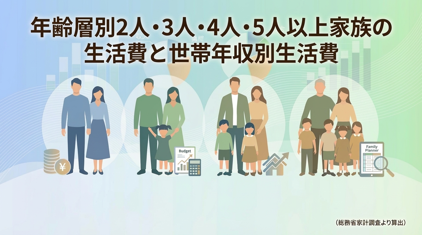 年齢層別2人・3人・4人・5人以上家族の生活費と世帯年収別生活費（総務省家計調査より）